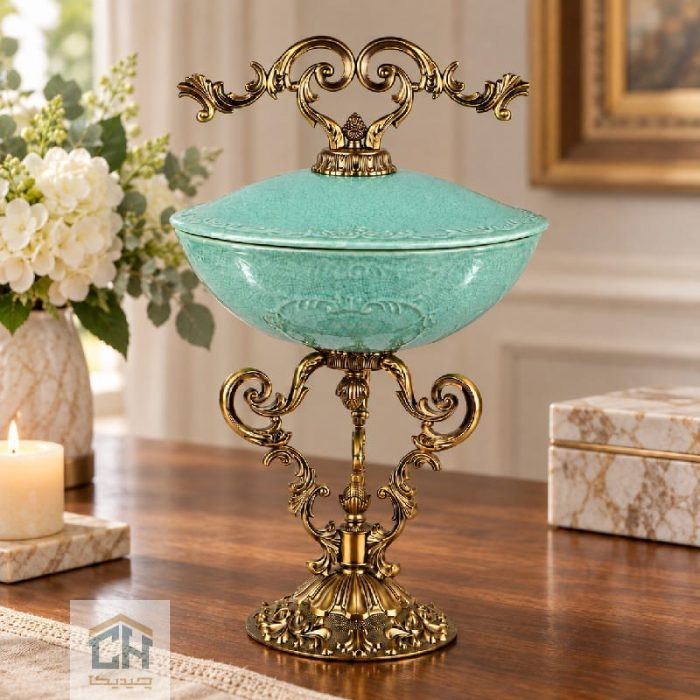 شکلات خوری فیروزه ای پایه برنز مدل 17-3629 روی میز