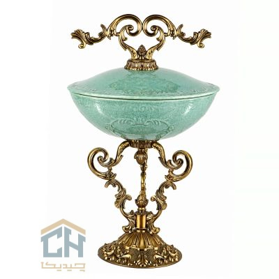 شکلات خوری درب دار پایه برنز مدل 17-3629 با بدنه فیروزه ای