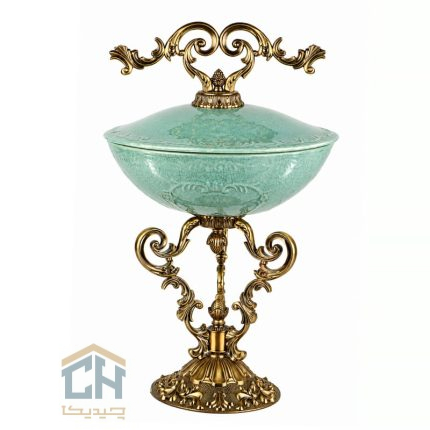 شکلات خوری درب دار پایه برنز مدل 17-3629 با بدنه فیروزه ای
