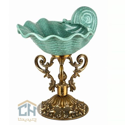 شکلات خوری چینی پایه برنز مدل 12-3627 با کاسه صدفی فیروزه ای