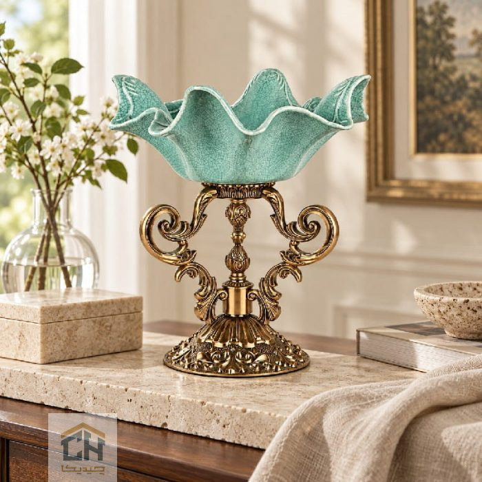 میوه خوری فیروزه ای مدل 13-3638 با پایه برنزی روی کنسول