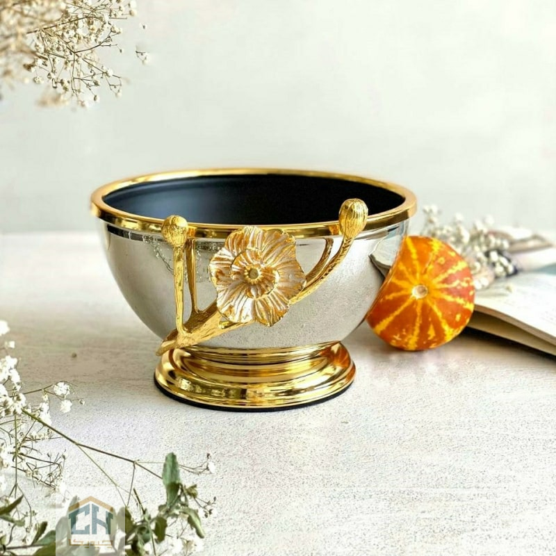 آجیل خوری استیل و برنج طرح گل شقایق مدل 228128 آجیل خوری پایه دار طرح شقایق استیل و برنج