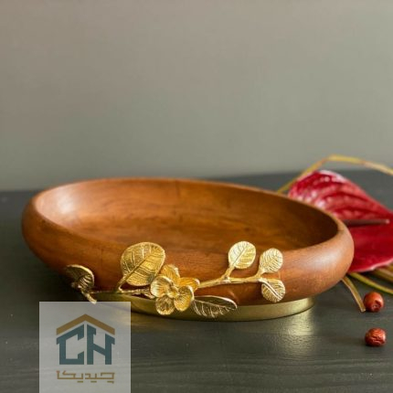 آجیل خوری چوبی بیضی با تزیین گل ارکیده برنجی