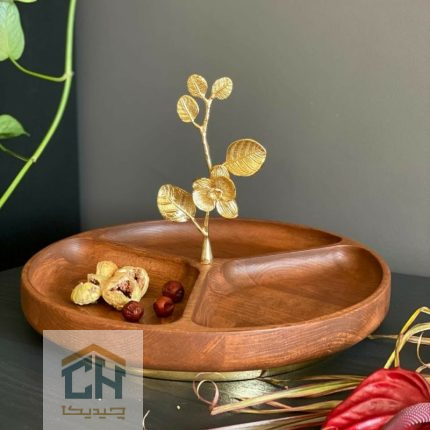 اردو خوری چوبی سه خانه با دسته برنجی طرح ارکیده