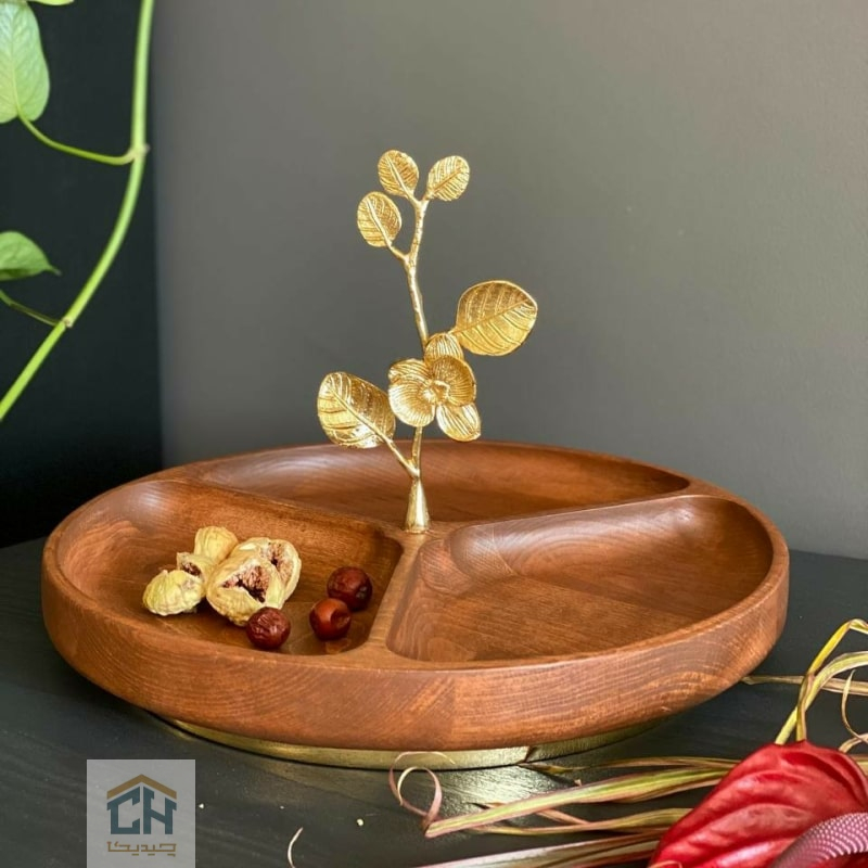 اردو خوری چوب و برنج 3 خانه طرح گل ارکیده مدل 228170 اردو خوری چوبی سه خانه با دسته برنجی طرح ارکیده