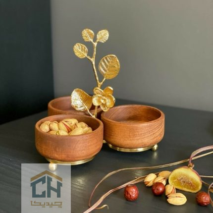 اردو خوری چوبی سه تایی با دسته و پایه برنجی طرح ارکیده