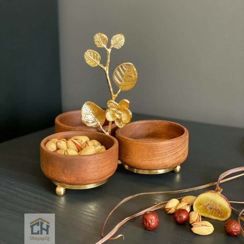 اردو خوری چوب و برنج 3 خانه طرح گل ارکیده مدل 228176 اردو خوری چوبی سه تایی با دسته و پایه برنجی طرح ارکیده