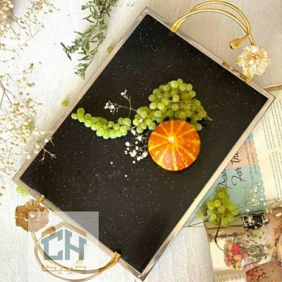 سینی سنگ و استیل طرح شقایق مشکی با دسته طلایی (1)