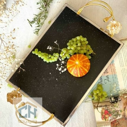 سینی سنگ و استیل طرح شقایق مشکی با دسته طلایی (1)