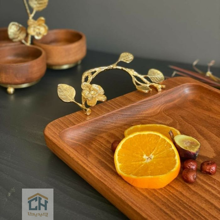 سینی چوبی دسته برنجی مستطیل با طرح گل ارکیده (2)