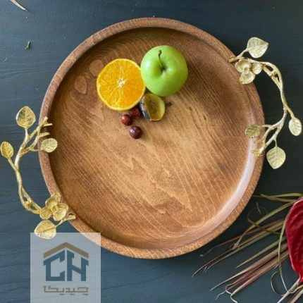 سینی چوبی گرد با دسته برنجی طرح ارکیده (1)