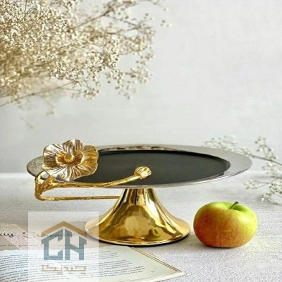 شیرینی خوری پایه دار طرح شقایق مشکی طلایی برای کیک