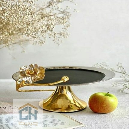 شیرینی خوری پایه دار طرح شقایق مشکی طلایی برای کیک