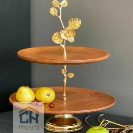 شیرینی خوری دو طبقه چوبی با پایه برنجی و طرح ارکیده