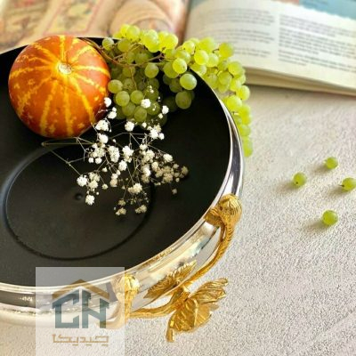 میوه خوری استیل و برنج طرح شقایق مشکی طلایی برای پذیرایی (1)