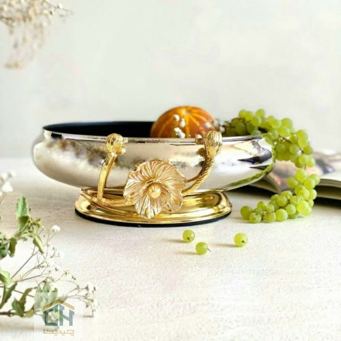 میوه خوری استیل و برنج طرح شقایق مشکی طلایی برای پذیرایی (3)