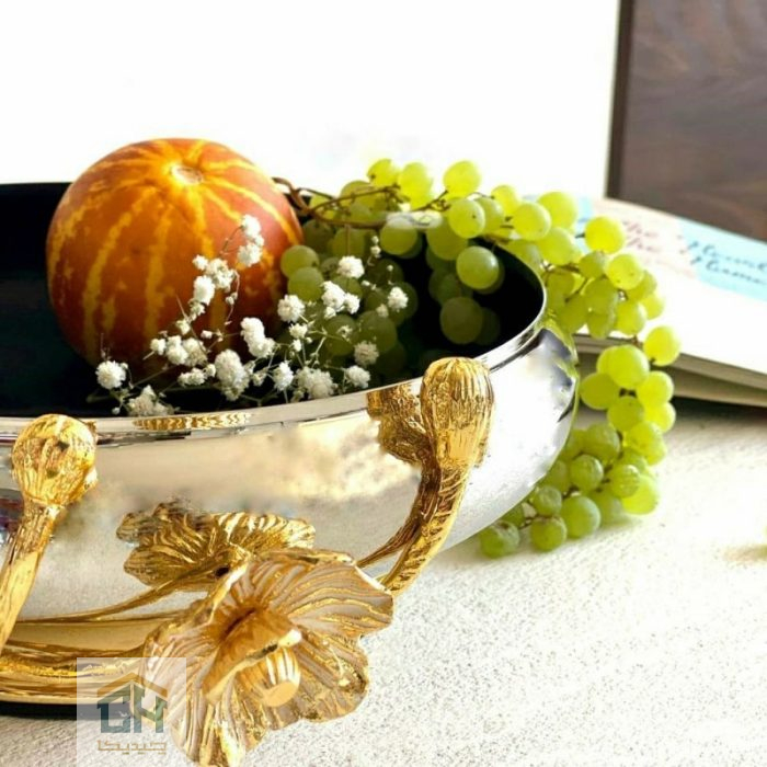 میوه خوری استیل و برنج طرح شقایق مشکی طلایی برای پذیرایی (4)