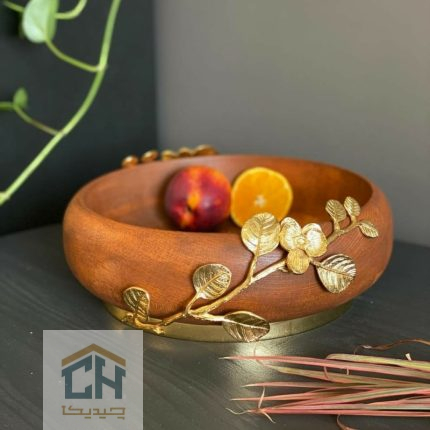 کاسه میوه خوری چوبی با تزیین گل ارکیده برنجی