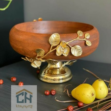 میوه خوری چوبی پایه دار بزرگ با تزیین گل ارکیده برنجی (1)
