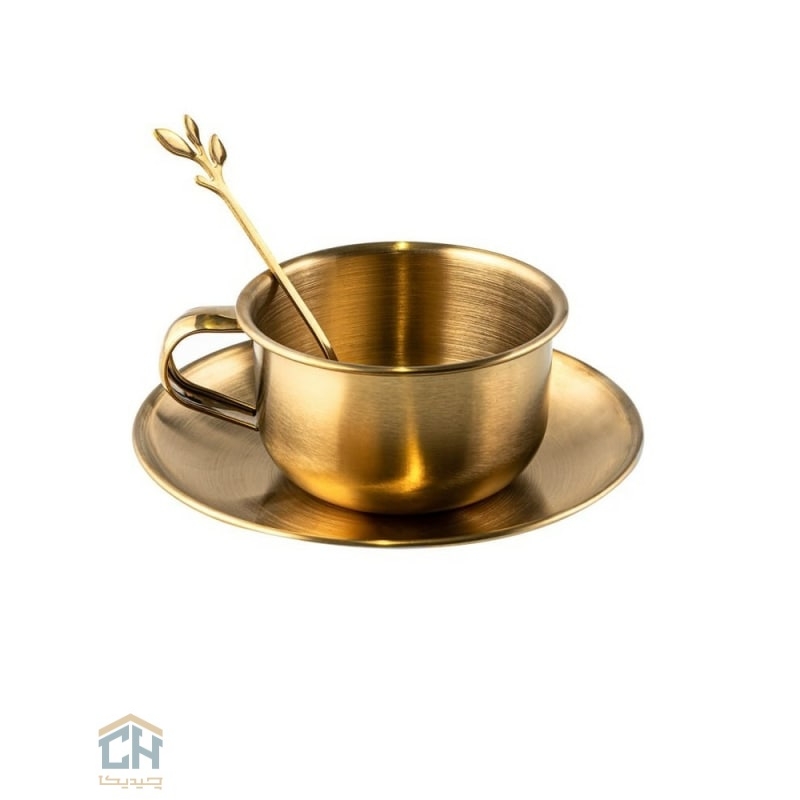 Goldkish golden steel cup saucer 48-3 فنجان و نعلبکی استیل طلایی گلدکیش مدل 3-48