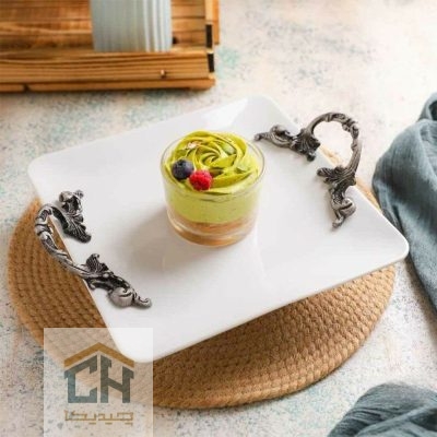 دیس چینی مربع دسته پیوتر با طراحی کلاسیک برای سرو دسر و شیرینی