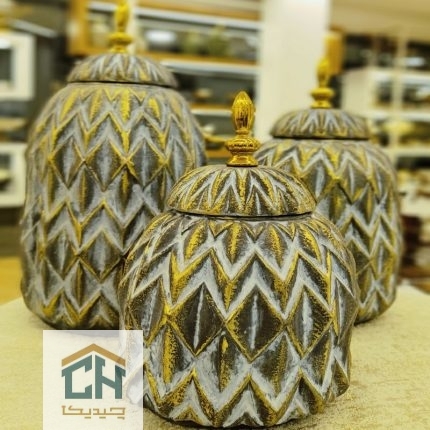 بانکه 3 سایزی پلی استر طرح زیگزاگی قهوه ای طلایی مدل 175006