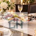 چیدمان پنیر، انگور، انجیر و خوراکی های پذیرایی در دیس بیضی چینی دسته پیوتر