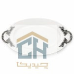 نمای بالای دیس چینی بیضی سفید با دو دسته پیوتر نقش دار در طرفین