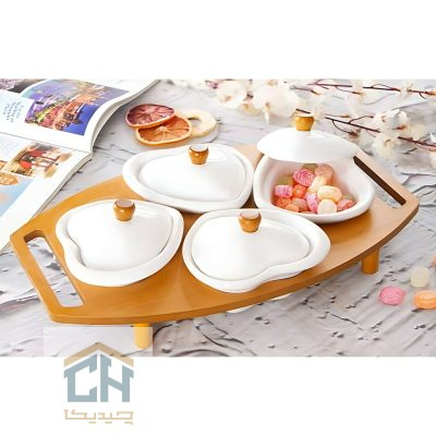 اردو خوری سرامیکی پایه چوبی ست 4 تایی طرح قلب مدل 50038