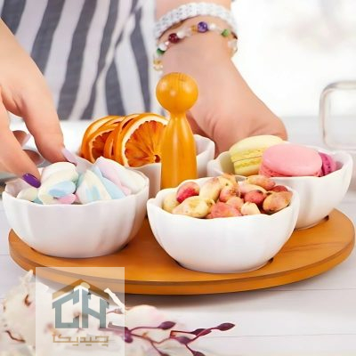 اردو خوری سرامیکی پایه چوبی گردان ست 4 تایی مدل 50035