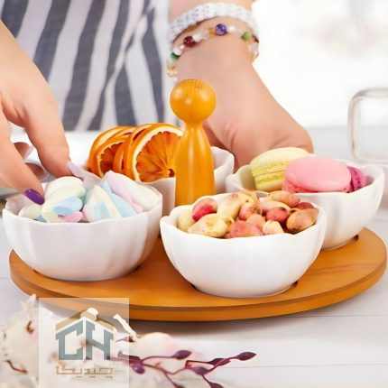 اردو خوری سرامیکی پایه چوبی گردان ست 4 تایی مدل 50035