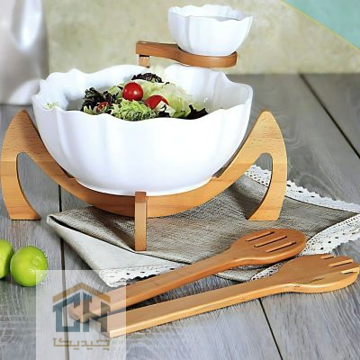 سالاد خوری سرامیکی پایه چوبی با جای سس مدل 50015