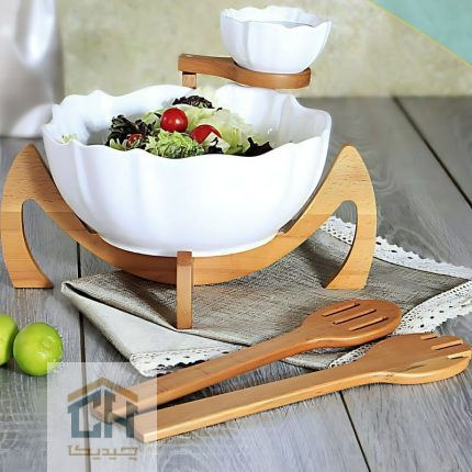 سالاد خوری سرامیکی پایه چوبی با جای سس مدل 50015