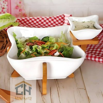 سالاد خوری سرامیکی پایه چوبی با جای سس مدل 50023