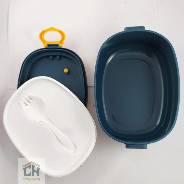 ظرف غذا بیضی دسته دار سرمه‌ ای زرد طرح دار (3)