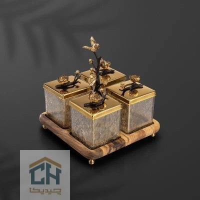 جا ادویه چوب و برنج 4 تایی گلدکیش طرح butterfly wood مدل GK829814