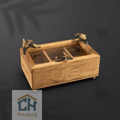 باکس پذیرایی چوب و برنج مستطیل گلدکیش طرح butterfly wood مدل GK829825