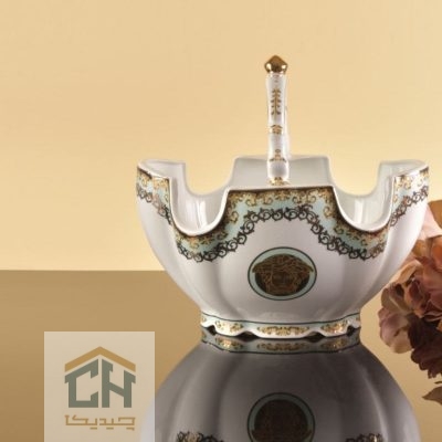 کشکول چینی دسته دار طرح ورساچه فیروزه ای مدل FP141