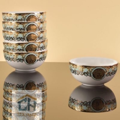 پیاله چینی گرد ست 6 تایی طرح ورساچه فیروزه ای مدل FP034