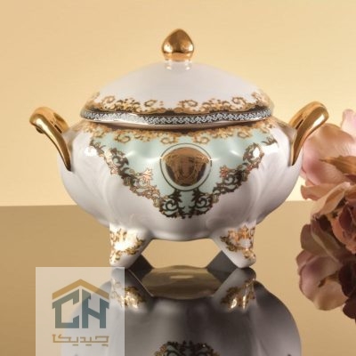 شکلات خوری چینی گرد طرح ورساچه فیروزه ای مدل FP004