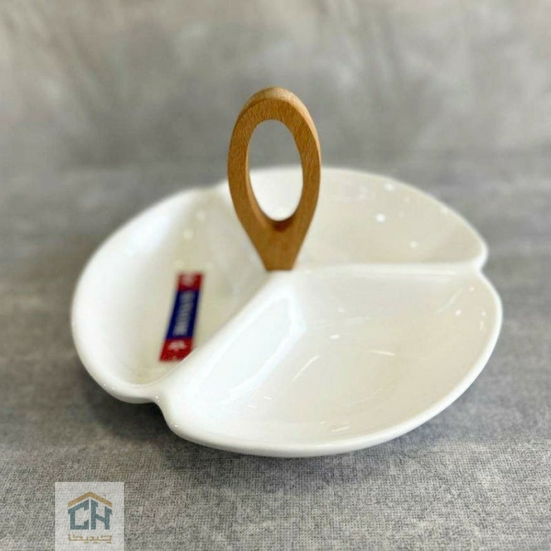 اردو خوری سرامیکی 3 قسمتی مدل H31034 (1) اردو خوری سرامیکی سه قسمتی دسته چوبی سفید با طراحی شبیه به برگ (1)