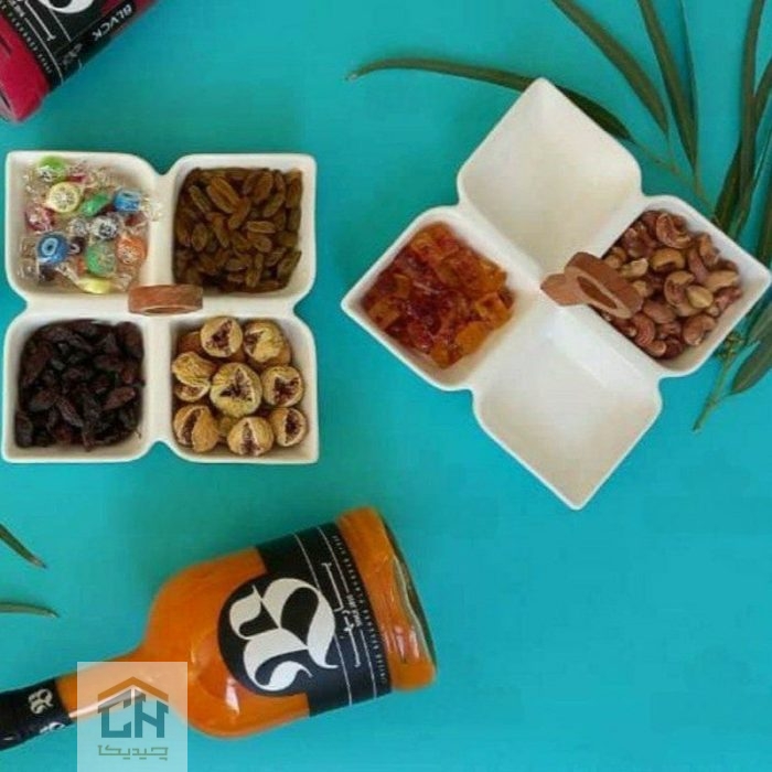 اردو خوری سرامیکی 4 قسمتی دسته چوبی با طراحی چهارخانه مدرن (2)