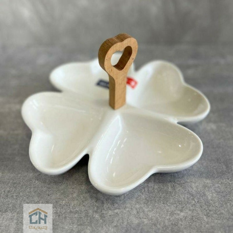 اردو خوری سرامیکی طرح قلب دسته چوبی سفید با چهار بخش مجزا (1)