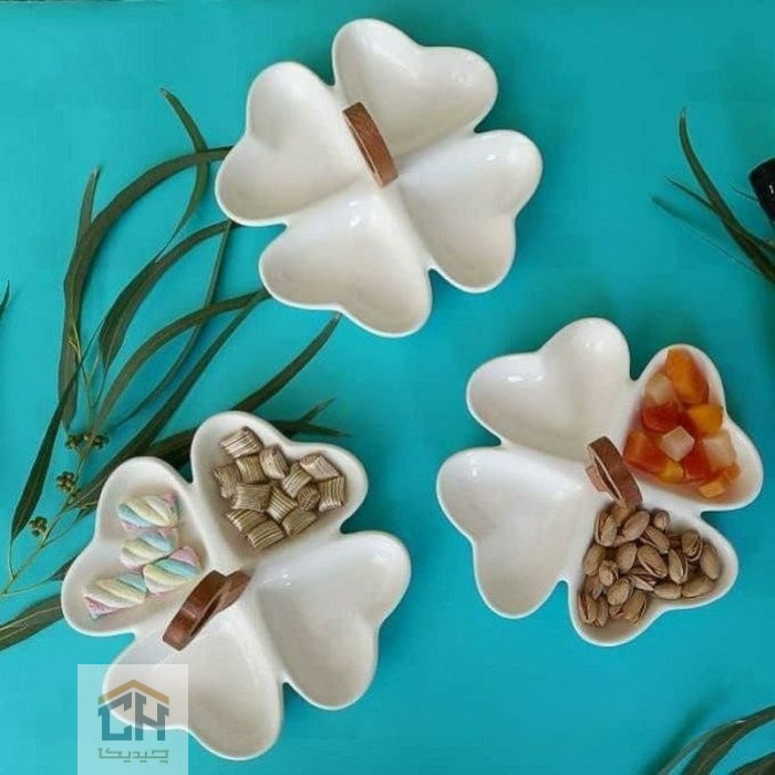 اردو خوری سرامیکی طرح قلب دسته چوبی سفید با چهار بخش مجزا (2)