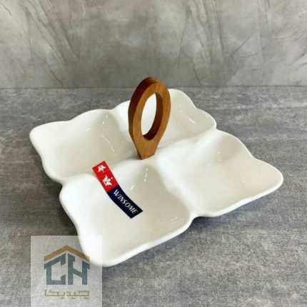 اردو خوری سرامیکی ۴ خانه با طراحی گلبرگی و دسته چوبی حلقه ‌ای مدرن