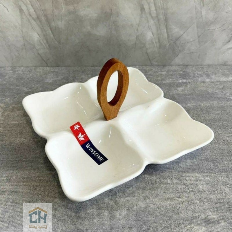 اردو خوری سرامیکی ۴ خانه با طراحی گلبرگی و دسته چوبی حلقه ‌ای مدرن