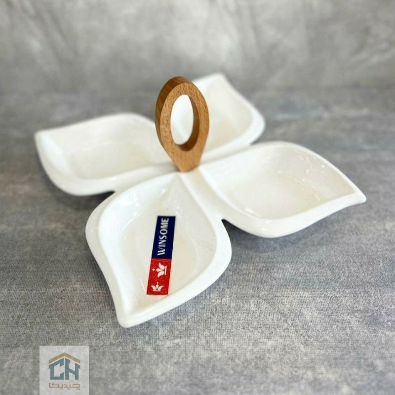 اردو خوری سرامیکی طرح گلبرگ با دسته چوبی بیضی برای سرو تنقلات (1)