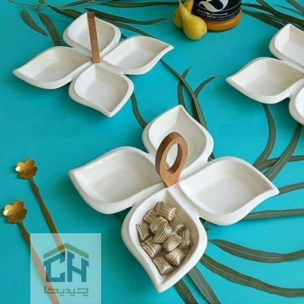 اردو خوری سرامیکی طرح گلبرگ با دسته چوبی بیضی برای سرو تنقلات (2)