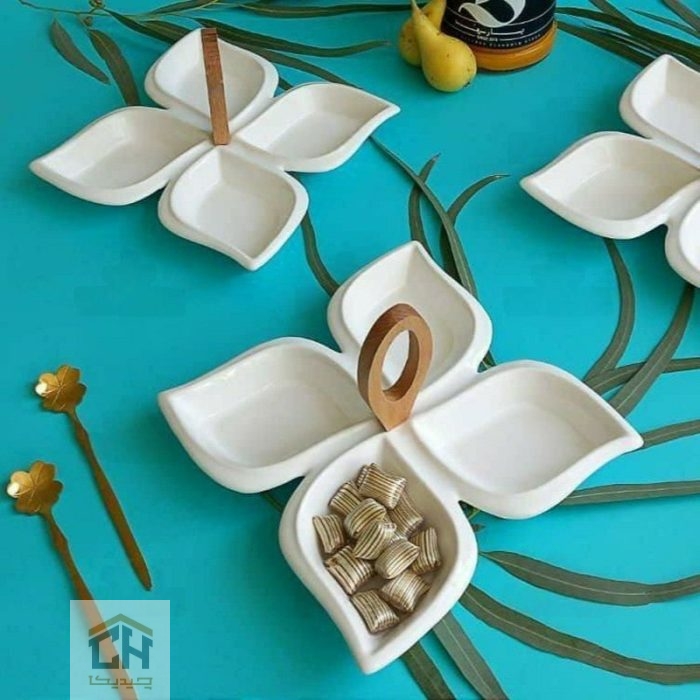 اردو خوری سرامیکی طرح گلبرگ با دسته چوبی بیضی برای سرو تنقلات (2)