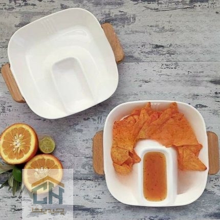 اردو خوری مربع دو خانه سرامیکی با جای سس مرکزی و دسته چوبی (1)